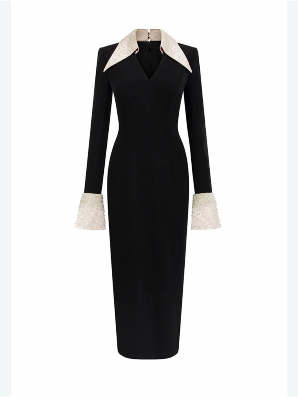 Black Long Sleeve Midi Dress with Ivory Beaded Collar & Cuffs